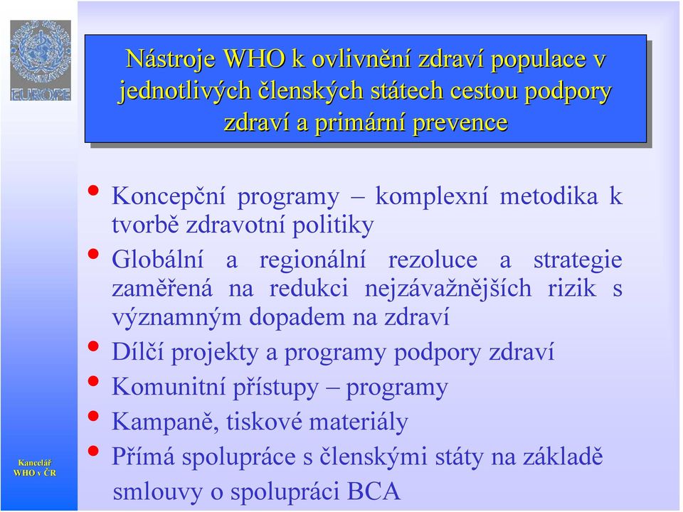 zaměřená na redukci nejzávažnějších rizik s významným dopadem na zdraví Dílčí projekty a programy podpory zdraví