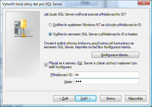 - Na další stránce zvolte možnost ověřování serverem SQL, zadejte přihlašovací jméno a heslo - Na další stránce zaškrtněte Změnit výchozí databázi a vyberte databázi.