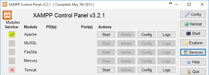 S balíčkem se nainstaluje i XAMPP Control Panel. Spusťte ho jako správce. Pomocí tlačítka Apache lze modul (www server) nainstalovat jako službu. Tlačítko se potom změní na.