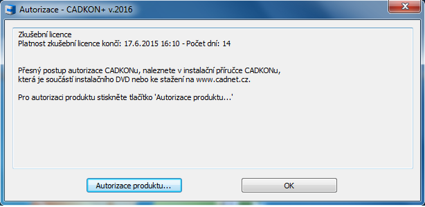 Registrace a autorizace pro jednoho uživatele - softwarová ochrana Instalace CADKONu+ 2016 je chráněna proti nelegálnímu používání softwarovým klíčem (Softlockem).