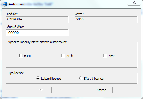 4. Po zaškrtnutí produktu CADKON+ verze 2016 se zobrazí okno, kde zadejte sériové číslo zakoupeného produktu a vyberte produkty, které na toto sériové číslo máte zakoupeny a které chcete autorizovat.