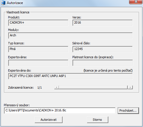 Autorizace Po obdržení licenčního souboru, který Vám bude doručen na základě odeslané registrace, uložte tento soubor na disk a vyvolejte program pro autorizaci: spusťte CADKONu+ a v zobrazeném