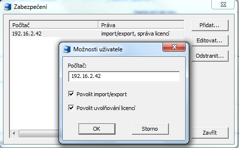 2. V záložce Síťové nastavení stiskněte tlačítko Zabezpečení. 3. Pomocí tlačítka Přidat můžete přidat klienta, kterému chcete povolit import/export licencí a uvolňování licencí.