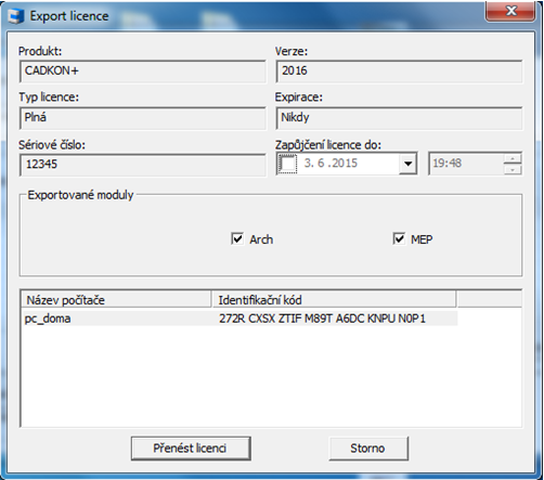 5. Přepněte se na kartu Přenos licence a vyberte produkt, jehož licenci chcete přenést. 6. Klepněte na tlačítko Export licence. 7. V dialogovém okně nastavte, které moduly chcete exportovat. 8.