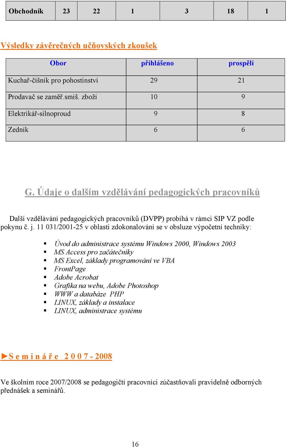 11 031/2001-25 v oblasti zdokonalování se v obsluze výpočetní techniky: Úvod do administrace systému Windows 2000, Windows 2003 MS Access pro začátečníky MS Excel, základy programování ve VBA