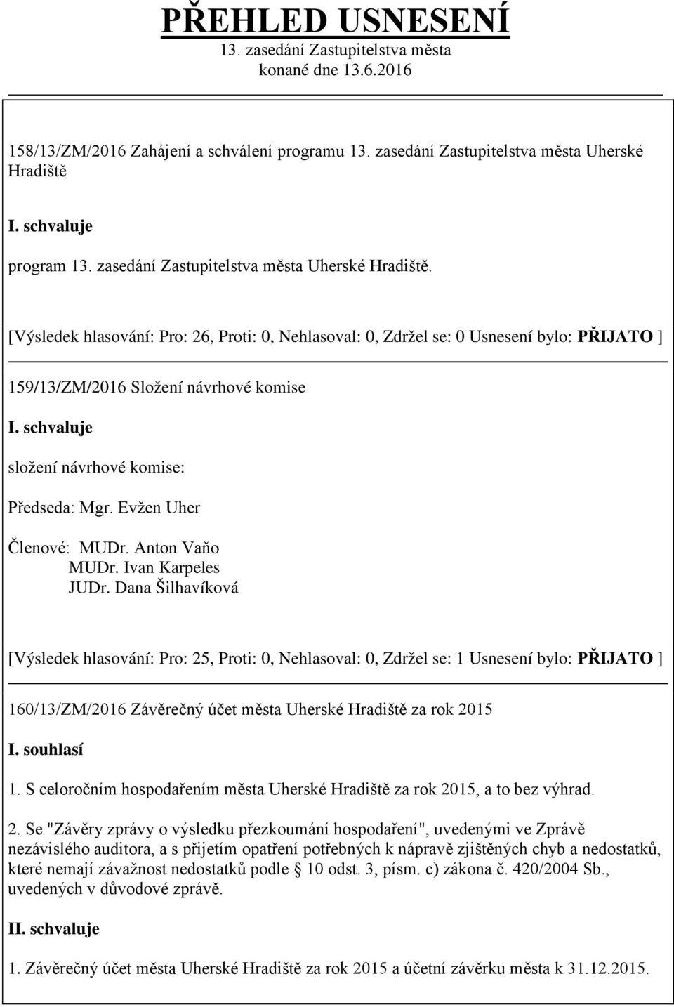 [Výsledek hlasování: Pro: 26, Proti: 0, Nehlasoval: 0, Zdržel se: 0 Usnesení bylo: PŘIJATO ] 159/13/ZM/2016 Složení návrhové komise složení návrhové komise: Předseda: Mgr. Evžen Uher Členové: MUDr.