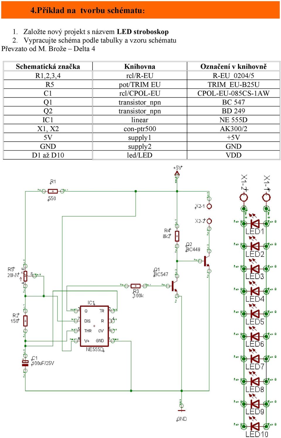 Brože Delta 4 Schematická značka R1,2,3,4 R5 C1 Q1 Q2 IC1 X1, X2 5V GND D1 až D10 Knihovna rcl/r-eu pot/trim EU