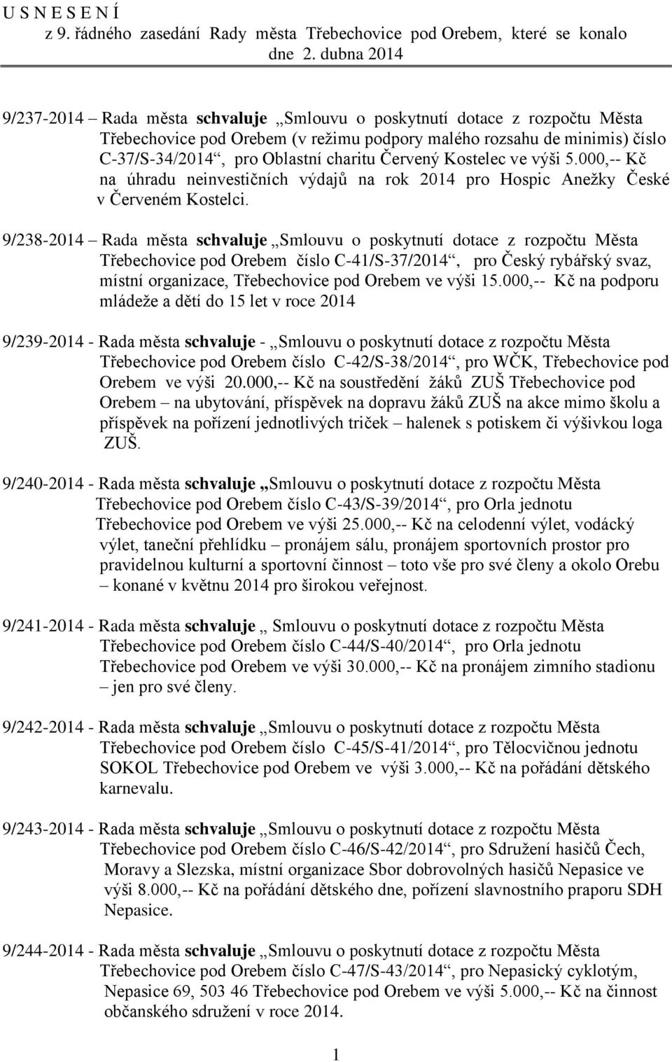 000,-- Kč na úhradu neinvestičních výdajů na rok 2014 pro Hospic Anežky České v Červeném Kostelci.