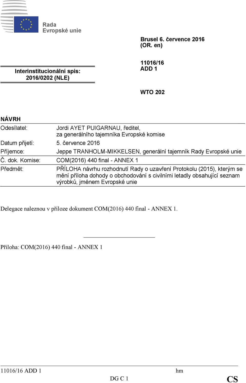 Komise: COM(2016) 440 final - ANNEX 1 Předmět: PŘÍLOHA návrhu rozhodnutí Rady o uzavření Protokolu (2015), kterým se mění příloha dohody o obchodování s civilními