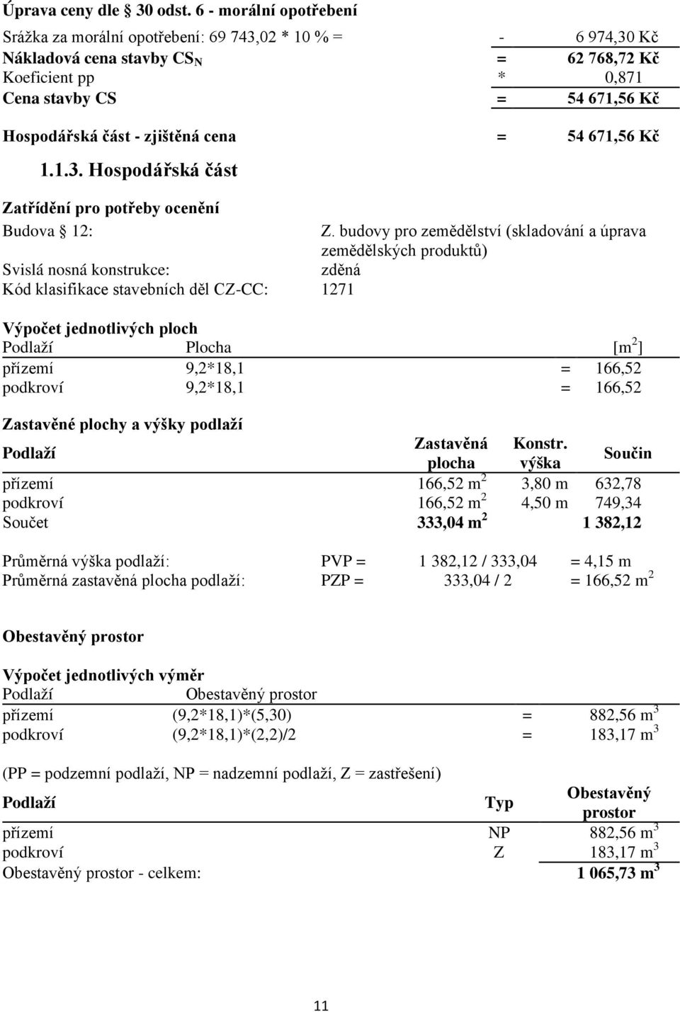 zjištěná cena = 54 671,56 Kč 1.1.3. Hospodářská část Zatřídění pro potřeby ocenění Budova 12: Z.