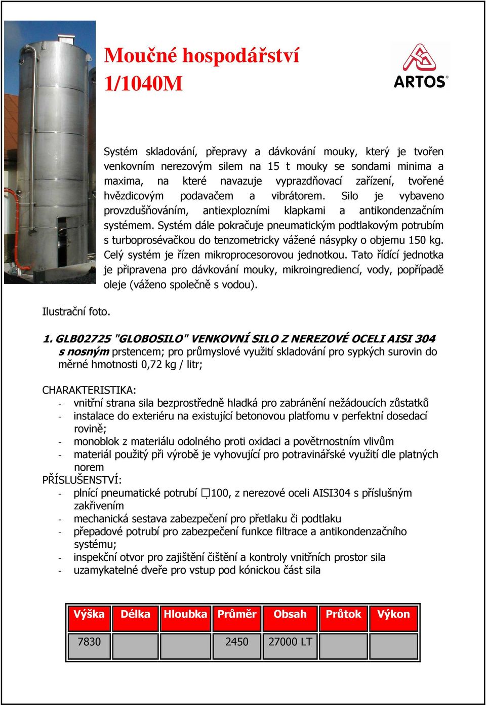 podavačem a vibrátorem. Silo je vybaveno provzdušňováním, antiexplozními klapkami a antikondenzačním systémem.