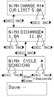 Na této obrazovce leze pomocí tlačítek INC/DEC měnit typ nabíjení, nebo vybíjení.
