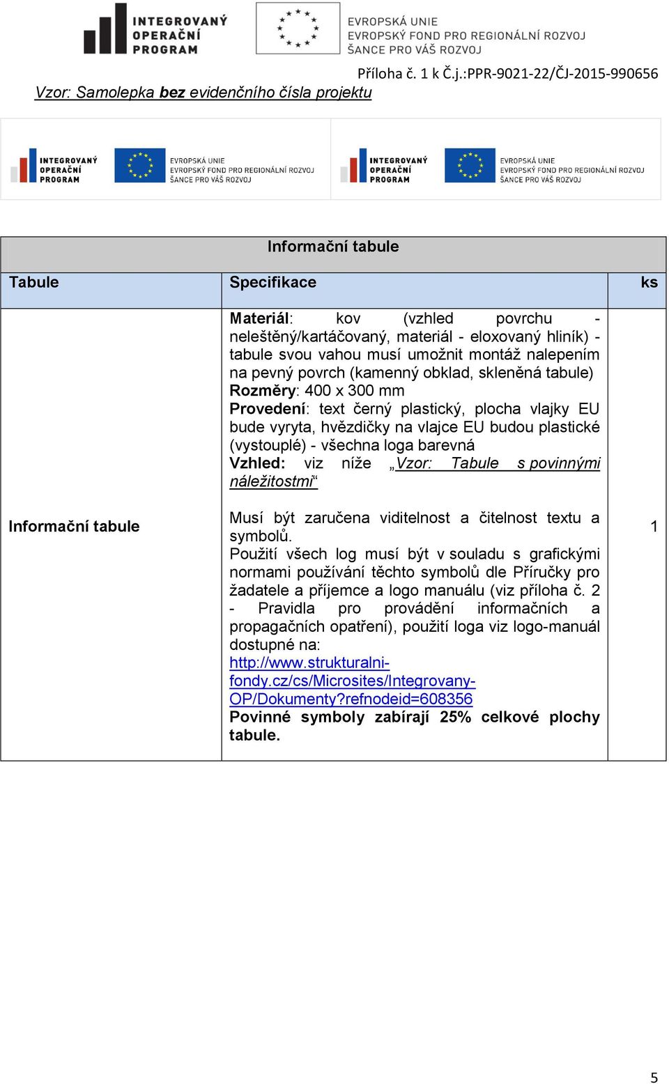 všechna loga barevná Vzhled: viz níže Vzor: Tabule s povinnými náležitostmi Musí být zaručena viditelnost a čitelnost textu a symbolů.