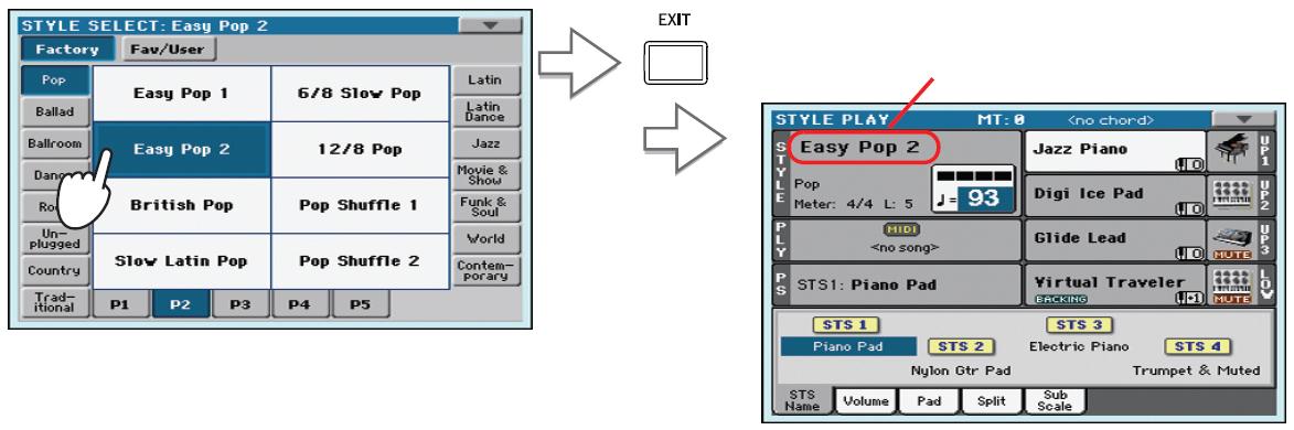 46 Výběr a hraní stylem Výběr a hraní stylem Vyberte styl v okně Style Select. Stiskem EXIT se okno Style Select se zavře a znovu se vrátí hlavní obrazovka, s připraveným stylem. LEDka ACCOMP.