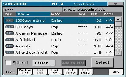 66 SongBook Výběr požadovaného vstupu z hlavního seznamu SongBook Jednou z nejvýznamnějších vlastností Pa600 je hudební databáze, která umožňuje organizovat styly a songy, kvůli snadnému nalezení.