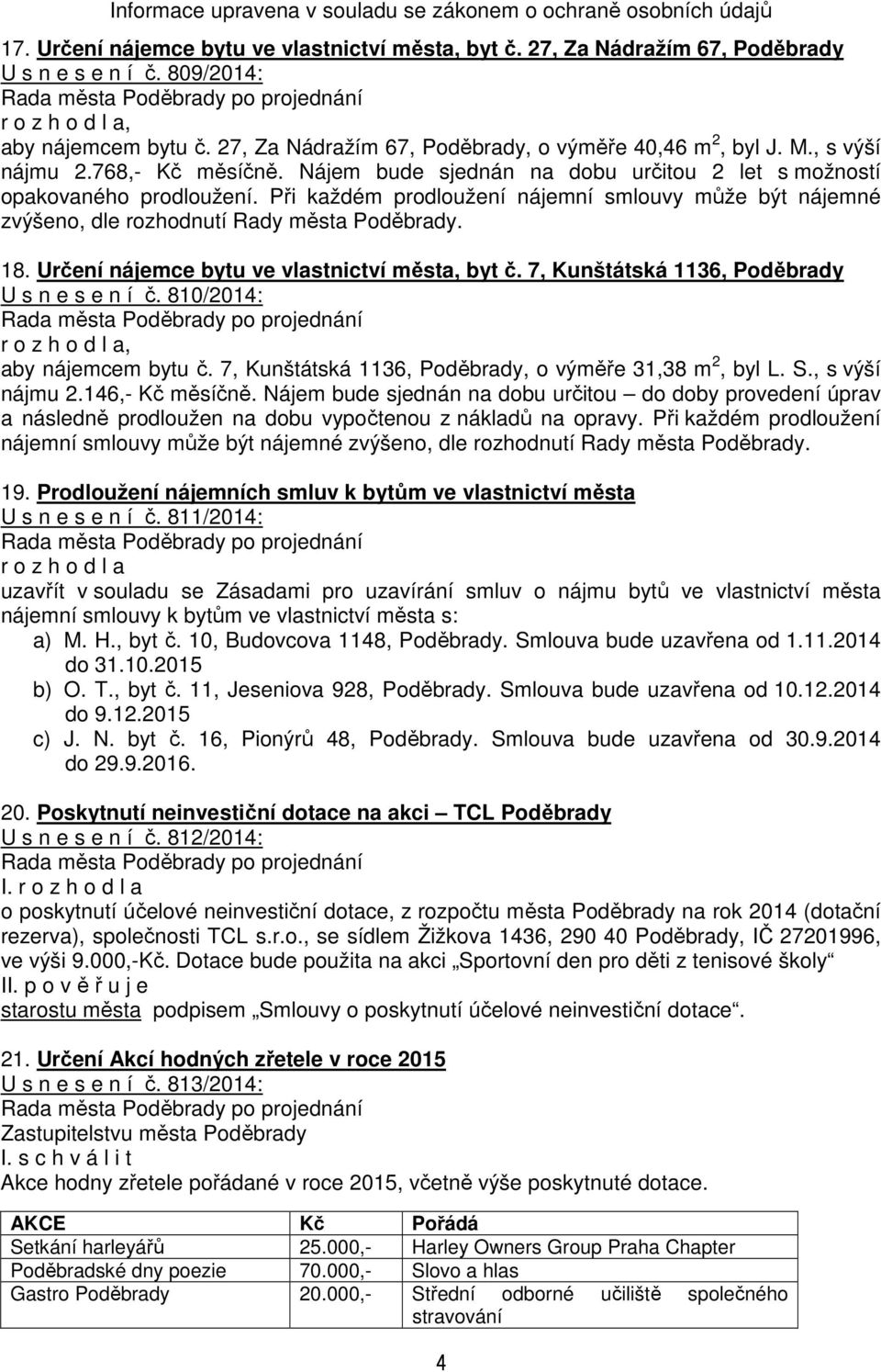 Při každém prodloužení nájemní smlouvy může být nájemné zvýšeno, dle rozhodnutí Rady města Poděbrady. 18. Určení nájemce bytu ve vlastnictví města, byt č.