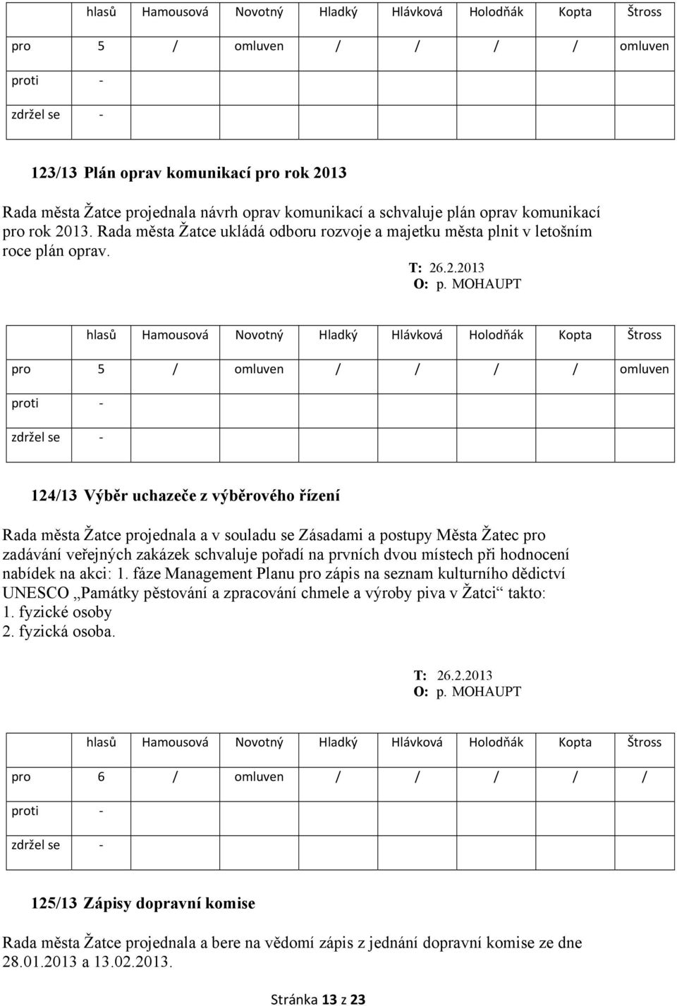 124/13 Výběr uchazeče z výběrového řízení Rada města Žatce projednala a v souladu se Zásadami a postupy Města Žatec pro zadávání veřejných zakázek schvaluje pořadí na prvních dvou místech při