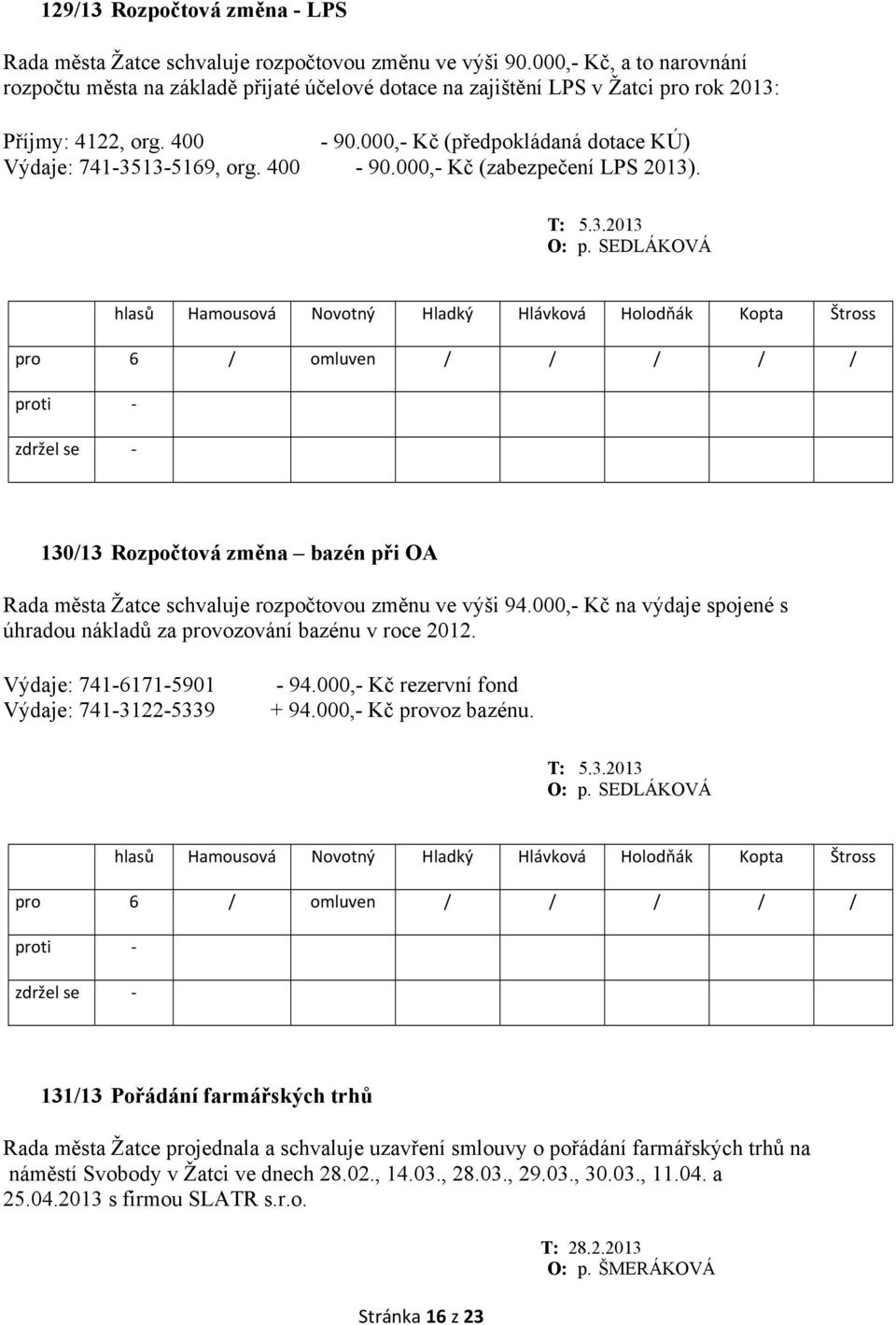 000,- Kč (předpokládaná dotace KÚ) Výdaje: 741-3513-5169, org. 400-90.000,- Kč (zabezpečení LPS 2013). T: 5.3.2013 O: p.