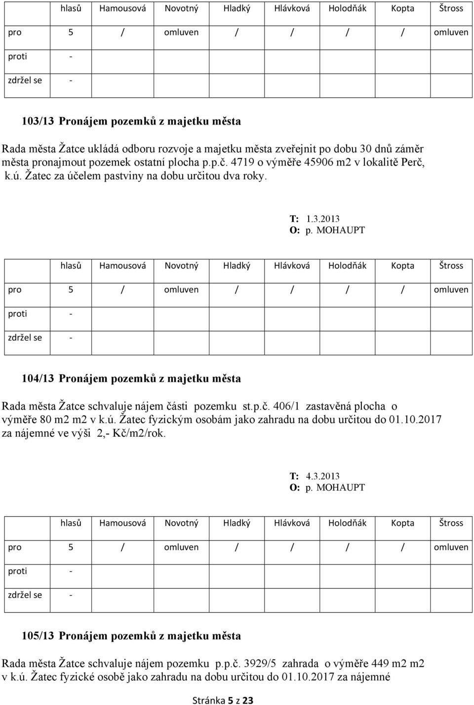 2013 104/13 Pronájem pozemků z majetku města Rada města Žatce schvaluje nájem části pozemku st.p.č. 406/1 zastavěná plocha o výměře 80 m2 m2 v k.ú.