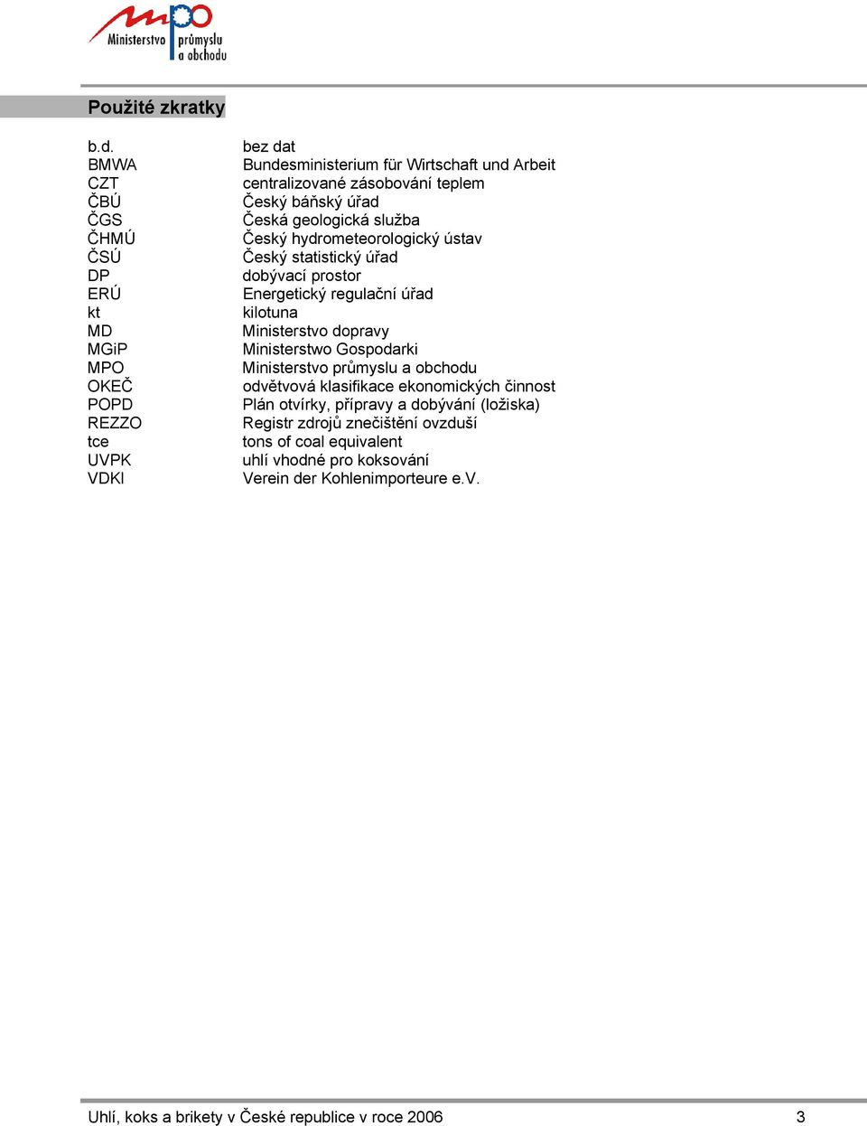 Český báňský úřad Česká geologická služba Český hydrometeorologický ústav Český statistický úřad dobývací prostor Energetický regulační úřad kilotuna Ministerstvo