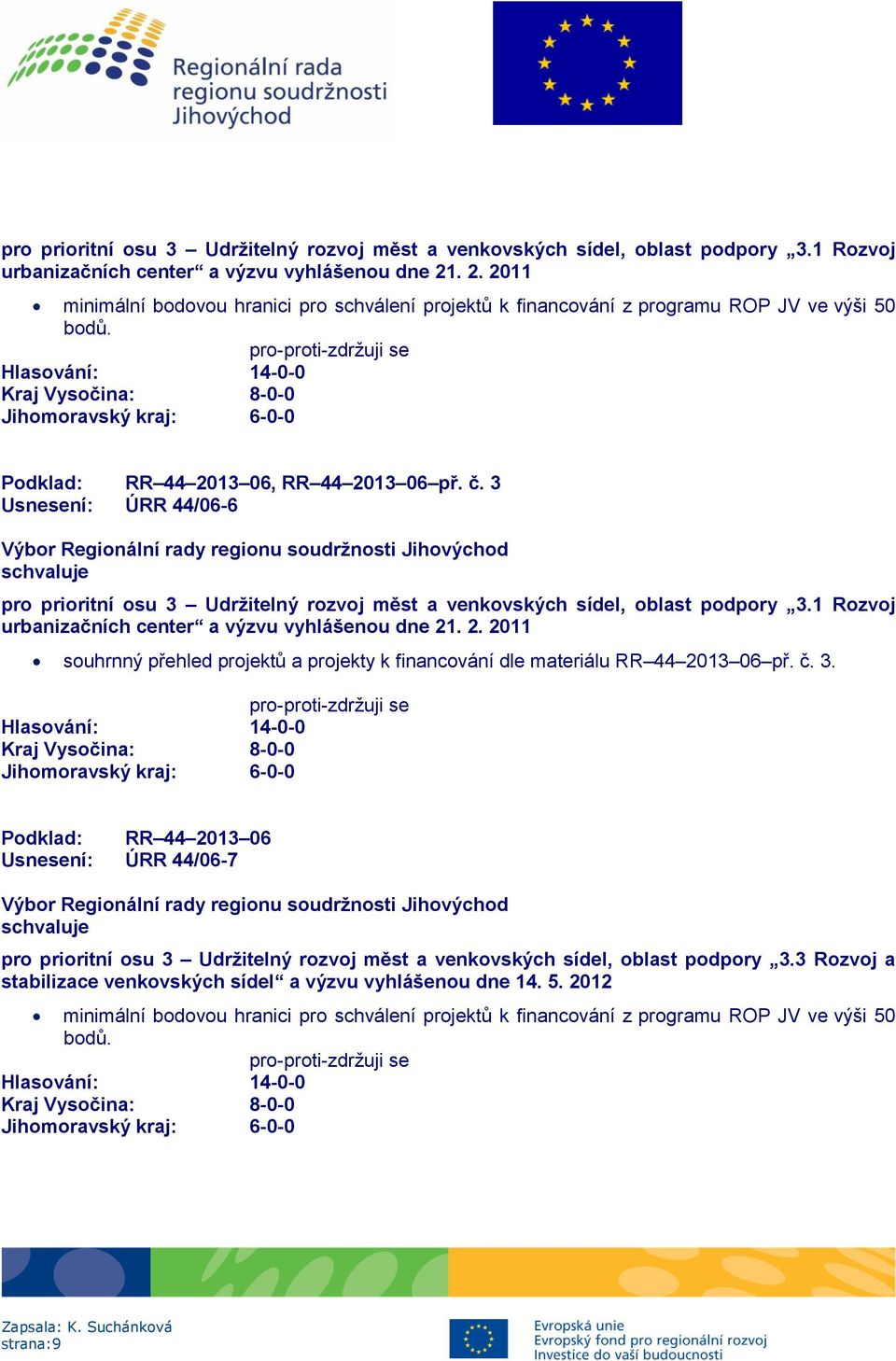 č. 3. Podklad: RR 44 2013 06 Usnesení: ÚRR 44/06-7 pro prioritní osu 3 Udržitelný rozvoj měst a venkovských sídel, oblast podpory 3.3 Rozvoj a stabilizace venkovských sídel a výzvu vyhlášenou dne 14.