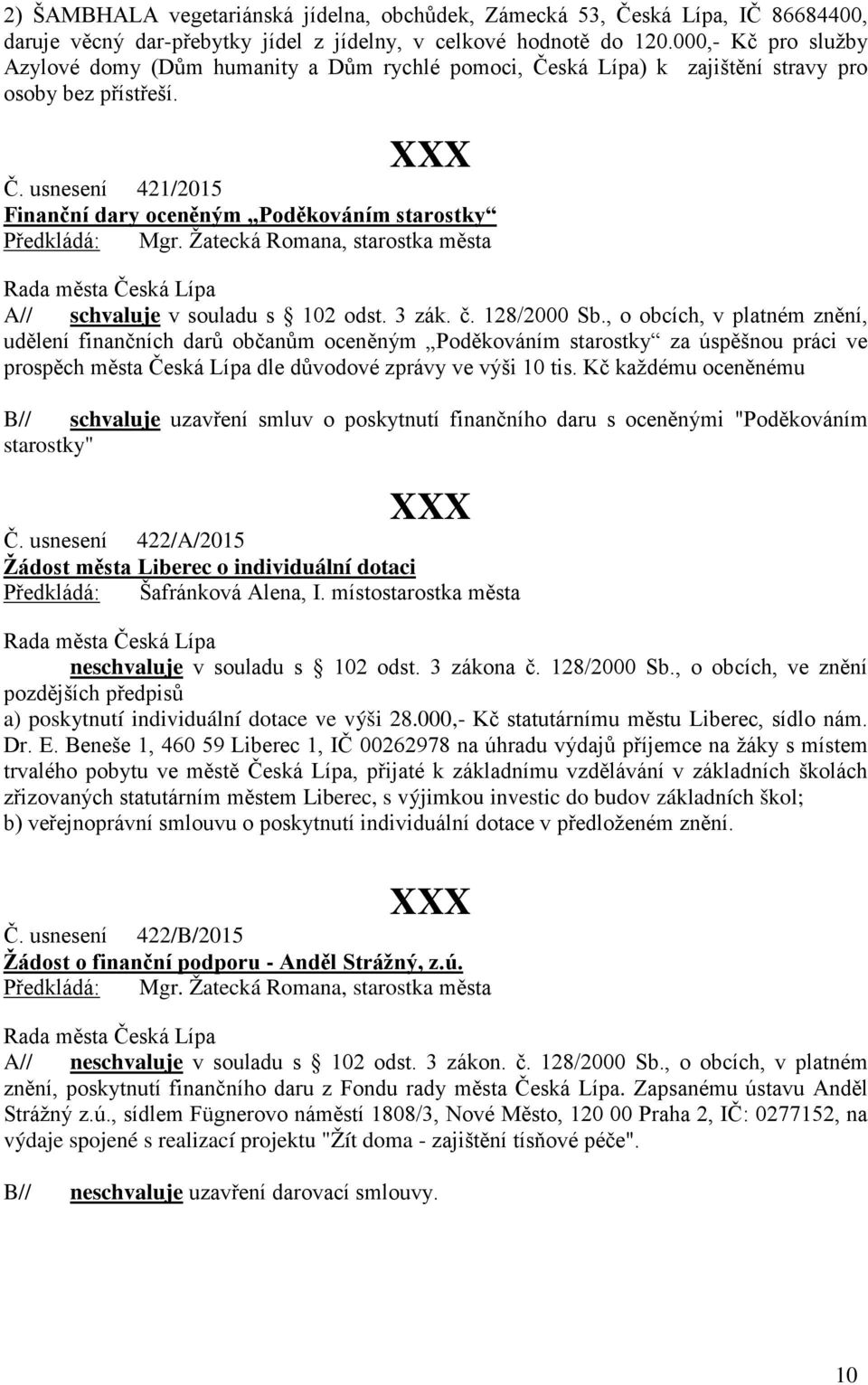 3 zák. č. 128/2000 Sb., o obcích, v platném znění, udělení finančních darů občanům oceněným Poděkováním starostky za úspěšnou práci ve prospěch města Česká Lípa dle důvodové zprávy ve výši 10 tis.