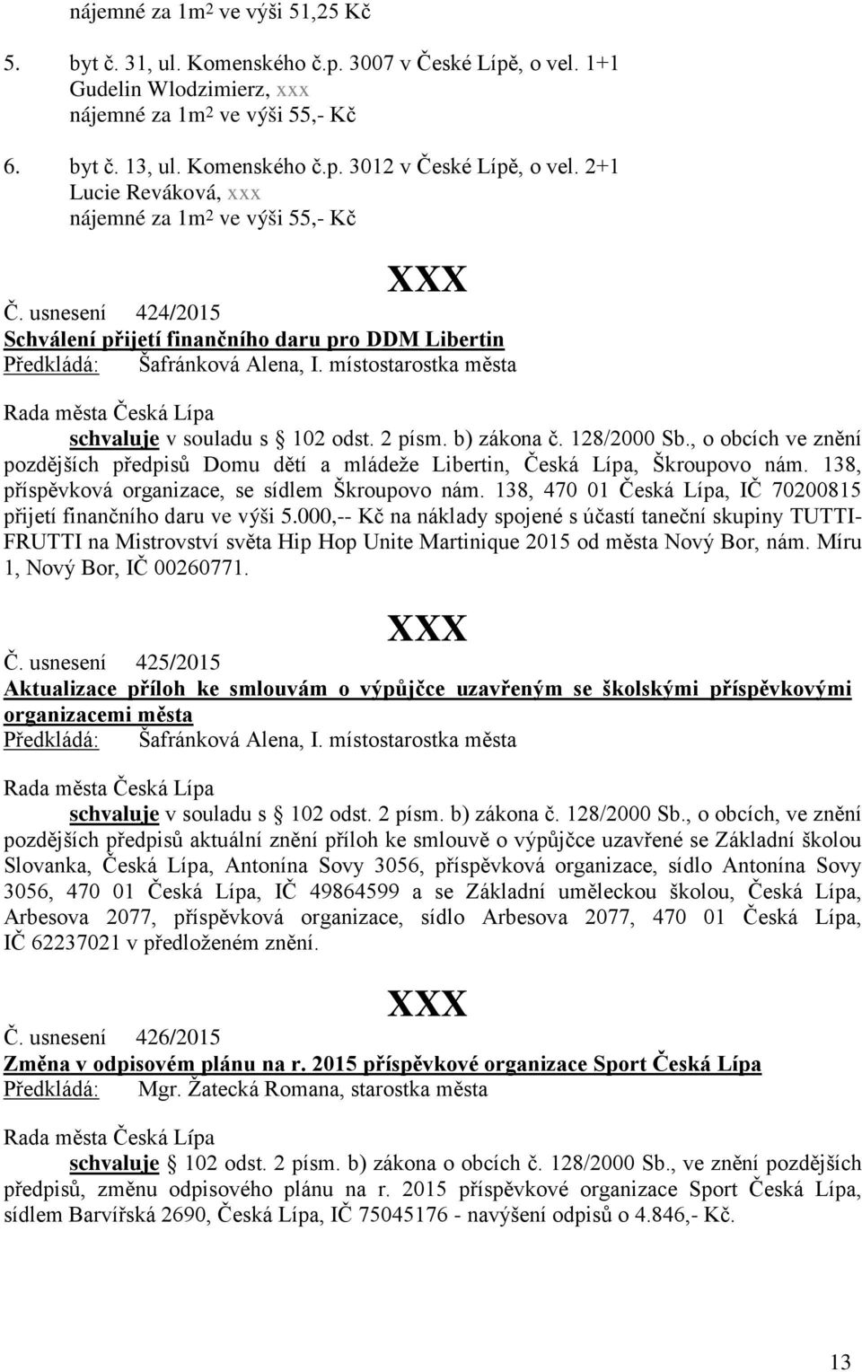 , o obcích ve znění pozdějších předpisů Domu dětí a mládeže Libertin, Česká Lípa, Škroupovo nám. 138, příspěvková organizace, se sídlem Škroupovo nám.