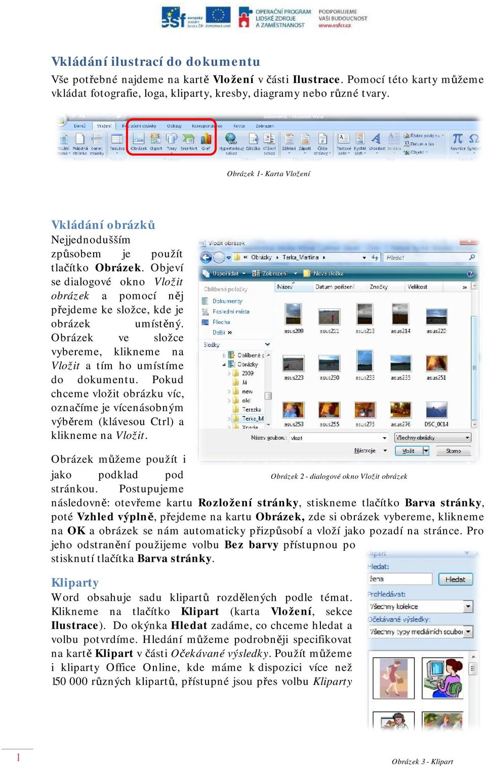 Obrázek ve složce vybereme, klikneme na Vložit a tím ho umístíme do dokumentu. Pokud chceme vložit obrázku víc, označíme je vícenásobným výběrem (klávesou Ctrl) a klikneme na Vložit.