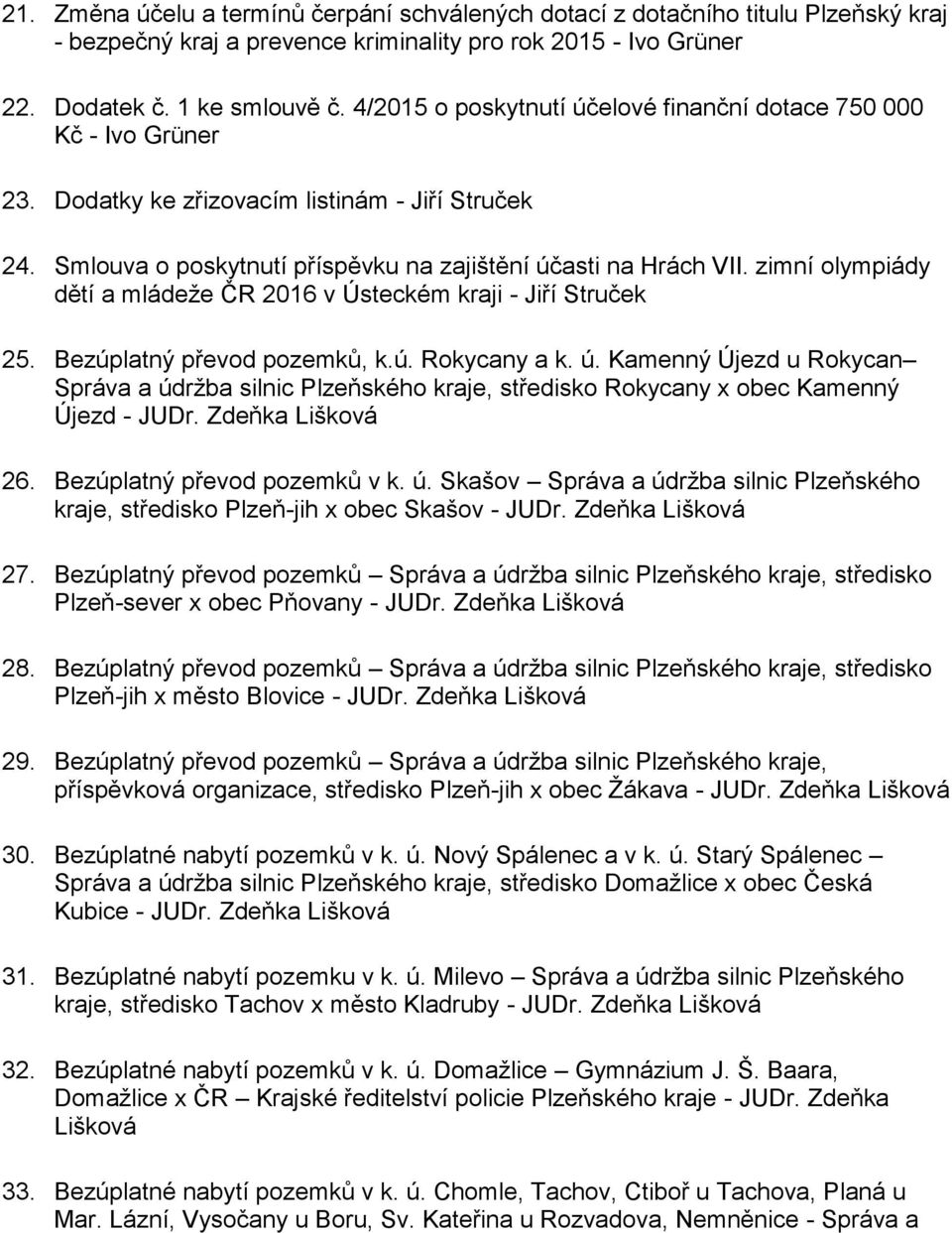 zimní olympiády dětí a mládeže ČR 2016 v Ústeckém kraji - Jiří Struček 25. Bezúplatný převod pozemků, k.ú. Rokycany a k. ú.