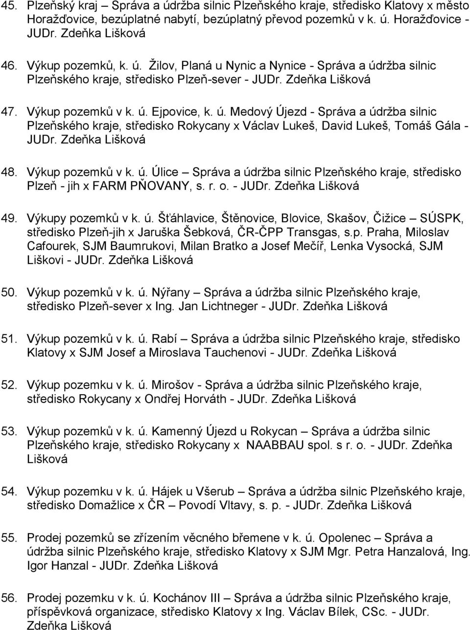 r. o. - 49. Výkupy pozemků v k. ú. Šťáhlavice, Štěnovice, Blovice, Skašov, Čižice SÚSPK, středisko Plzeň-jih x Jaruška Šebková, ČR-ČPP Transgas, s.p. Praha, Miloslav Cafourek, SJM Baumrukovi, Milan Bratko a Josef Mečíř, Lenka Vysocká, SJM Liškovi - 50.