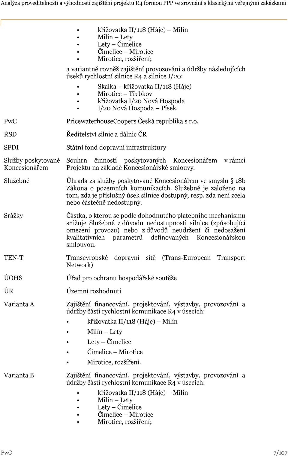 PwC ŘSD SFDI Služby poskytované Koncesionářem Služebné Srážky PricewaterhouseCoopers Česká republika s.r.o. Ředitelství silnic a dálnic ČR Státní fond dopravní infrastruktury Souhrn činností poskytovaných Koncesionářem v rámci Projektu na základě Koncesionářské smlouvy.