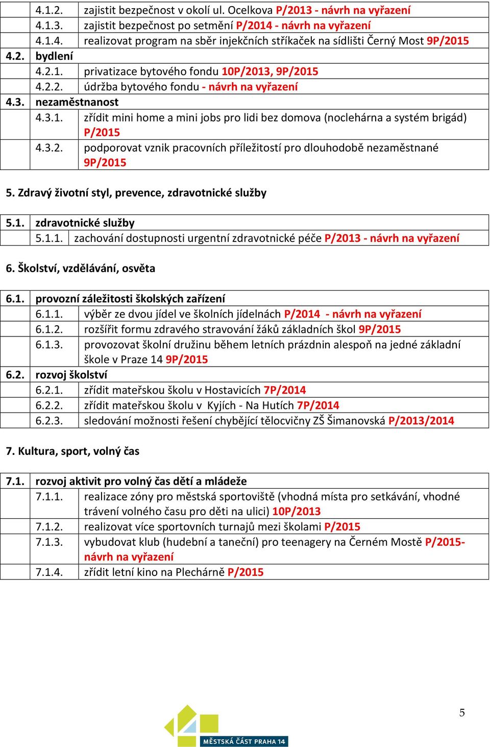 3.2. podporovat vznik pracovních příležitostí pro dlouhodobě nezaměstnané 9P/2015 5. Zdravý životní styl, prevence, zdravotnické služby 5.1. zdravotnické služby 5.1.1. zachování dostupnosti urgentní zdravotnické péče P/2013 - návrh na vyřazení 6.