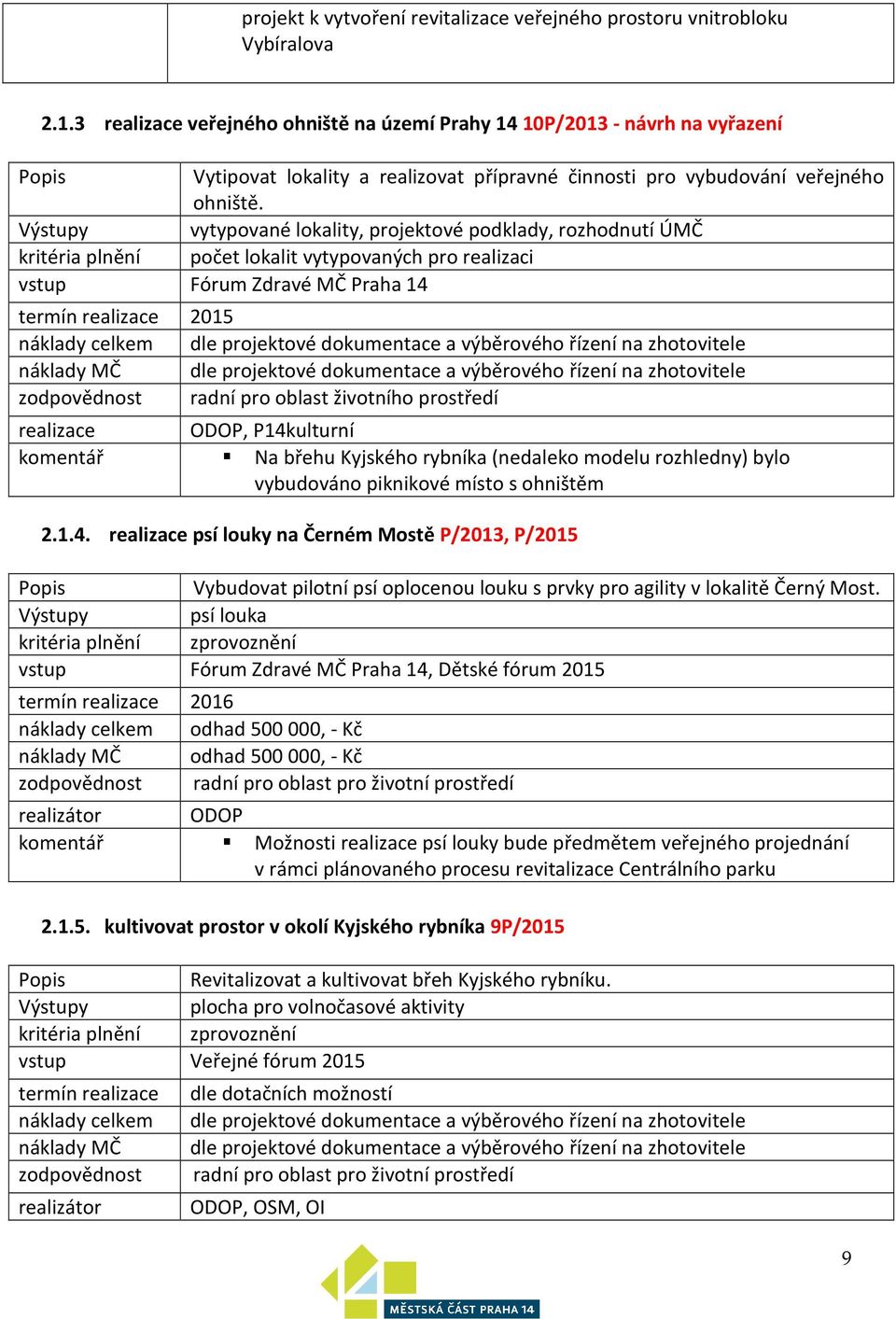 Výstupy vytypované lokality, projektové podklady, rozhodnutí ÚMČ kritéria plnění počet lokalit vytypovaných pro realizaci vstup Fórum Zdravé MČ Praha 14 termín realizace 2015 náklady celkem dle