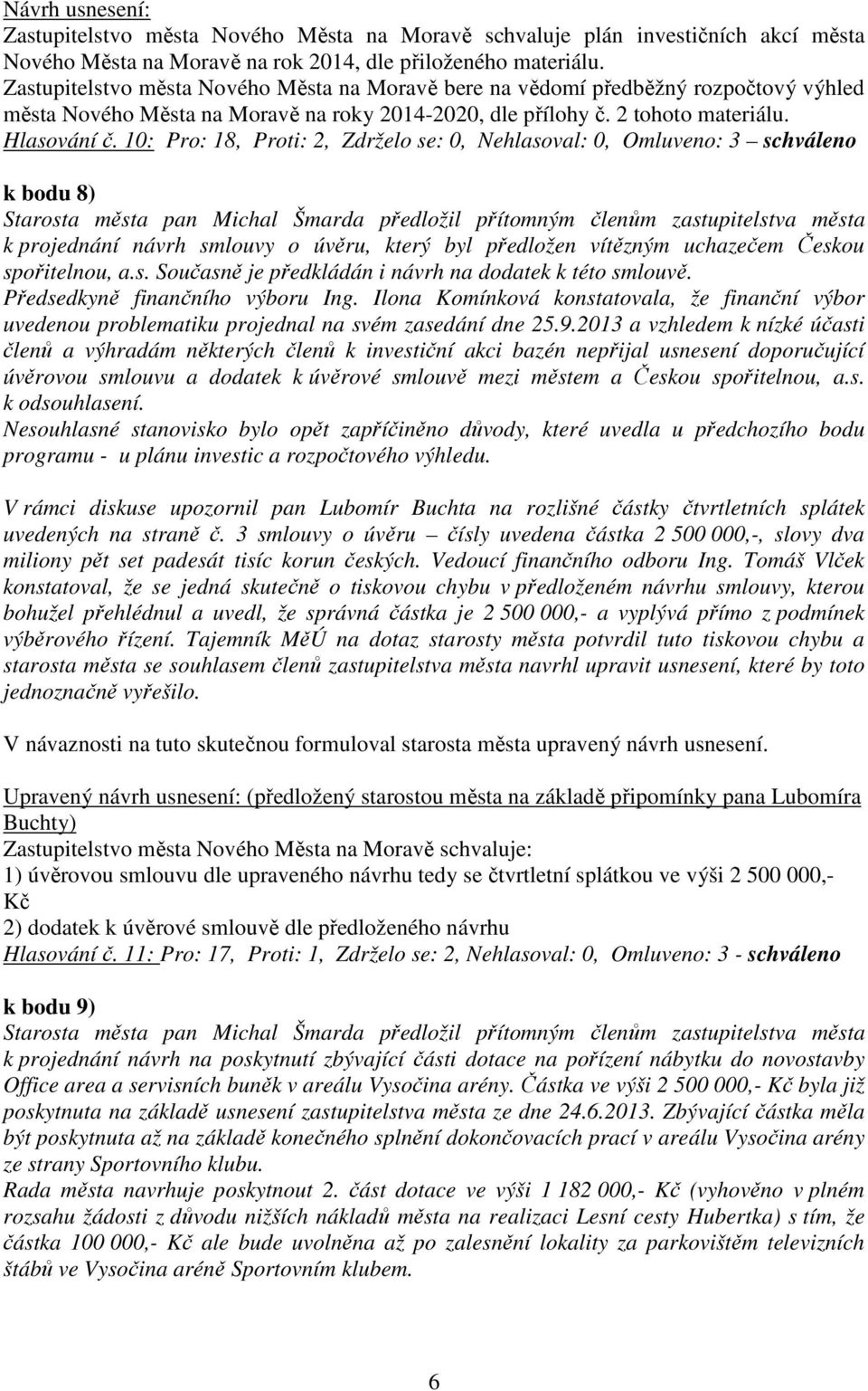 10: Pro: 18, Proti: 2, Zdrželo se: 0, Nehlasoval: 0, Omluveno: 3 schváleno k bodu 8) k projednání návrh smlouvy o úvěru, který byl předložen vítězným uchazečem Českou spořitelnou, a.s. Současně je předkládán i návrh na dodatek k této smlouvě.