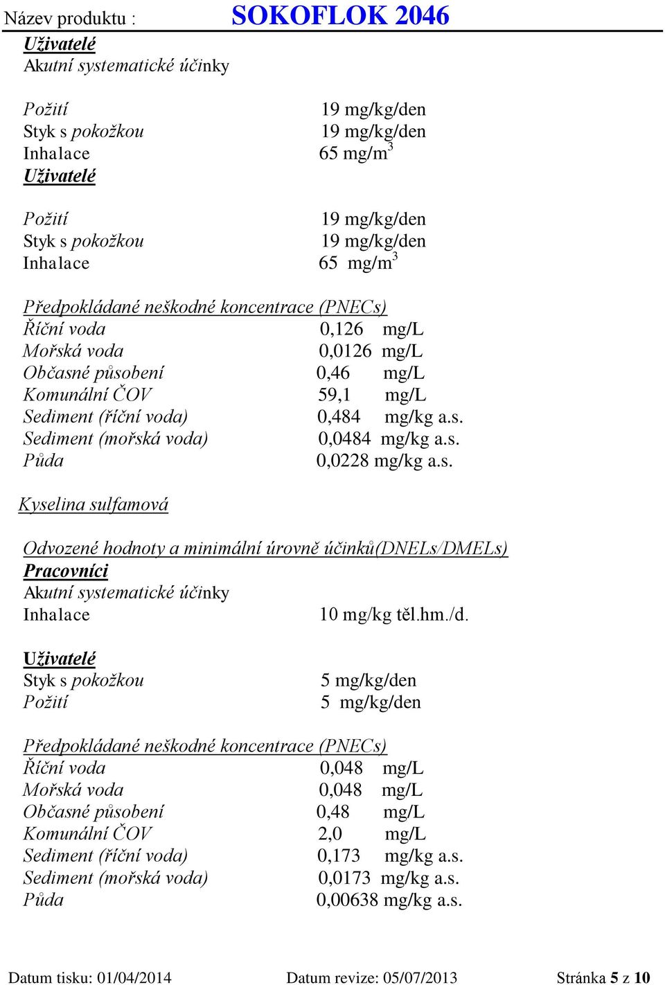 s. Půda 0,0228 mg/kg a.s. Kyselina sulfamová Odvozené hodnoty a minimální úrovně účinků(dnels/dm