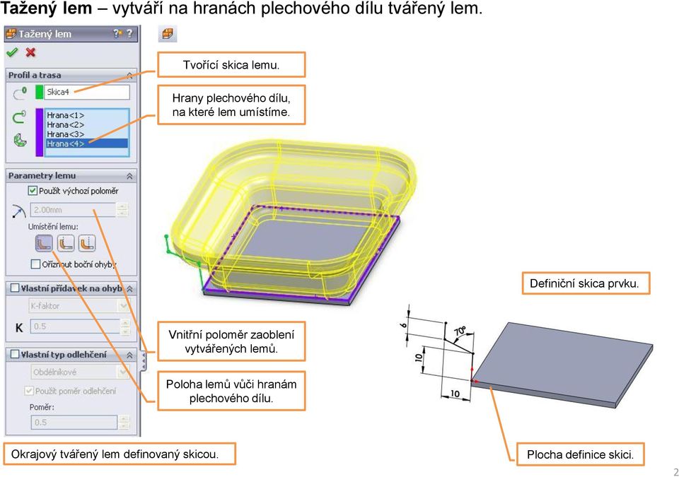 Definiční skica prvku. Vnitřní poloměr zaoblení vytvářených lemů.