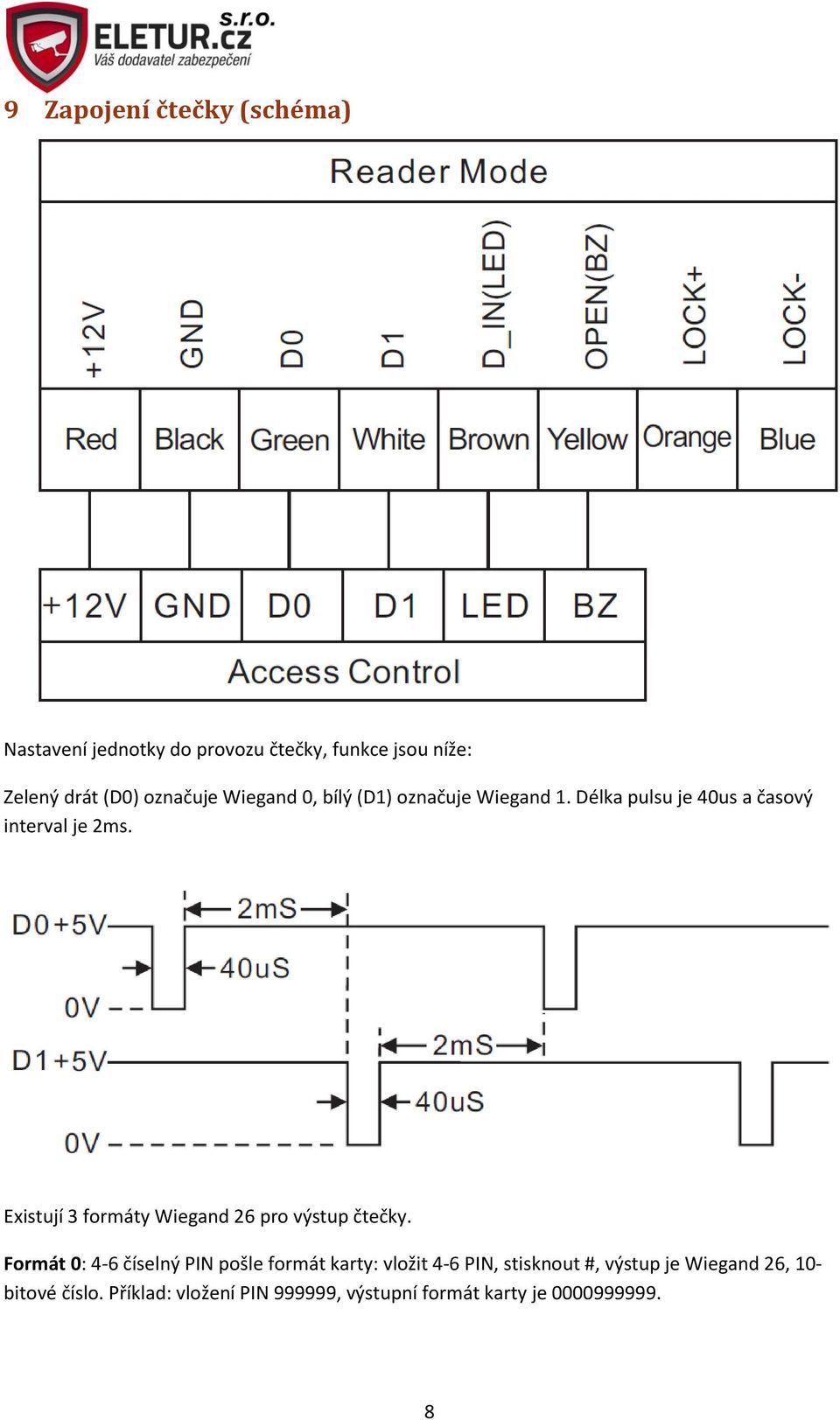 Existují 3 formáty Wiegand 26 pro výstup čtečky.