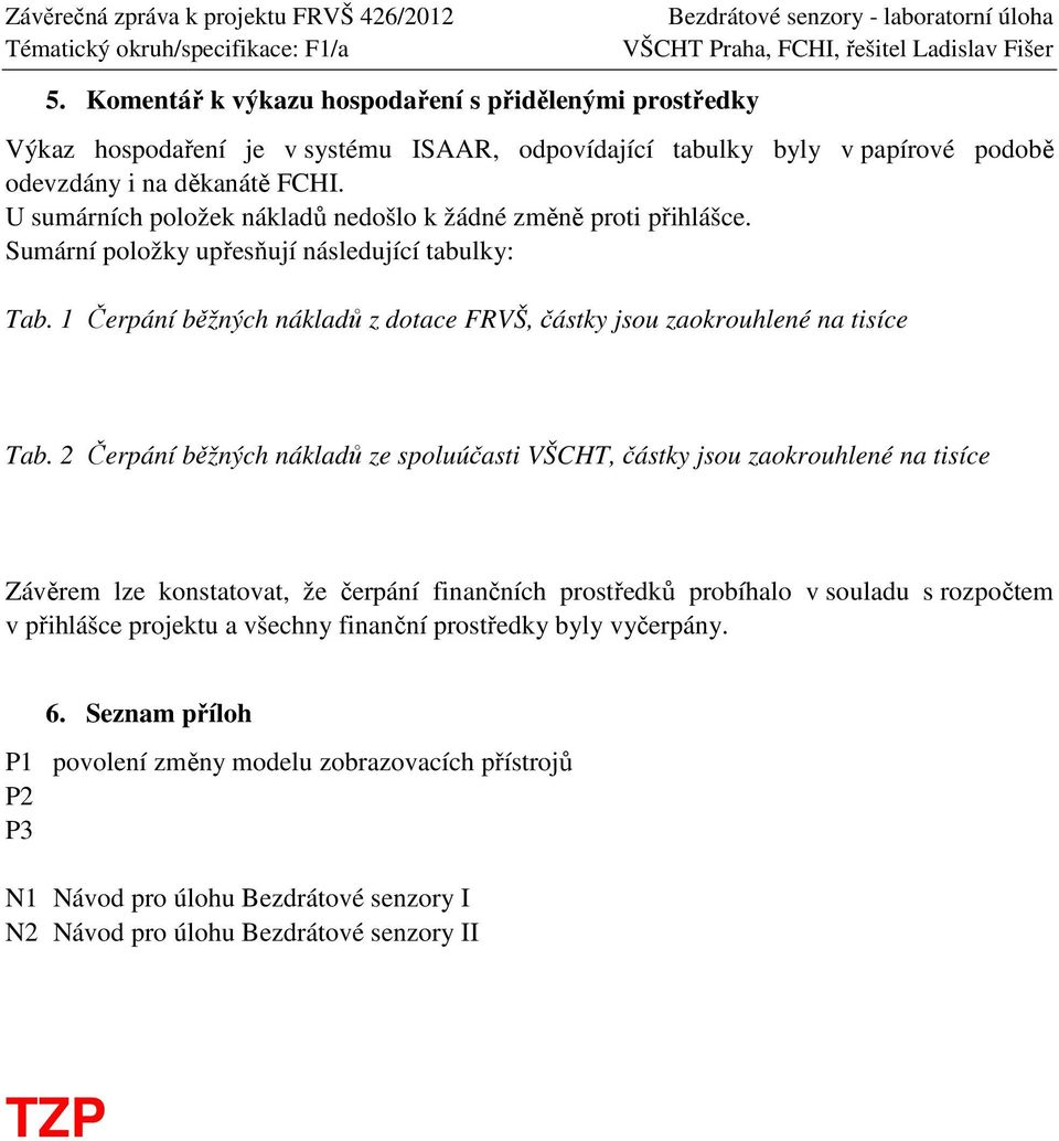 1 Čerpání běžných nákladů z dotace FRVŠ, částky jsou zaokrouhlené na tisíce Tab.