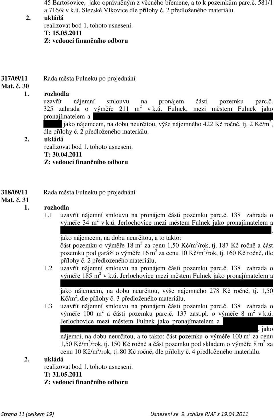 Fulnek, mezi městem Fulnek jako pronajímatelem a paní Evou Čechalovou, bytem Fulnek, Spartakiádní 185, PSČ 742 45 jako nájemcem, na dobu neurčitou, výše nájemného 422 Kč ročně, tj.