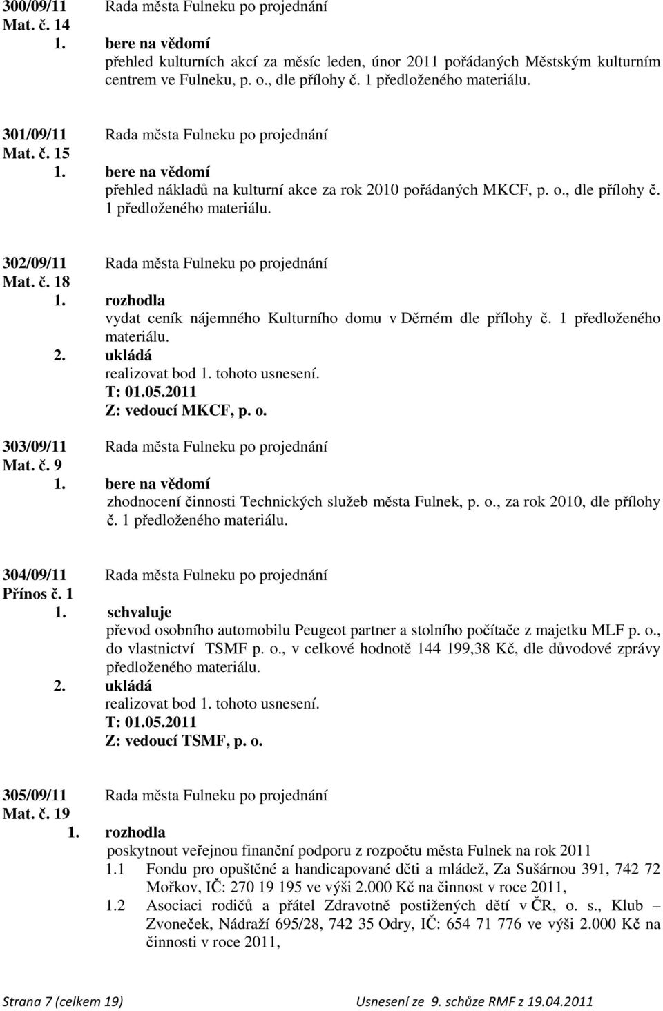 1 předloženého materiálu. 302/09/11 Rada města Fulneku po projednání Mat. č. 18 vydat ceník nájemného Kulturního domu v Děrném dle přílohy č. 1 předloženého materiálu. T: 01.05.