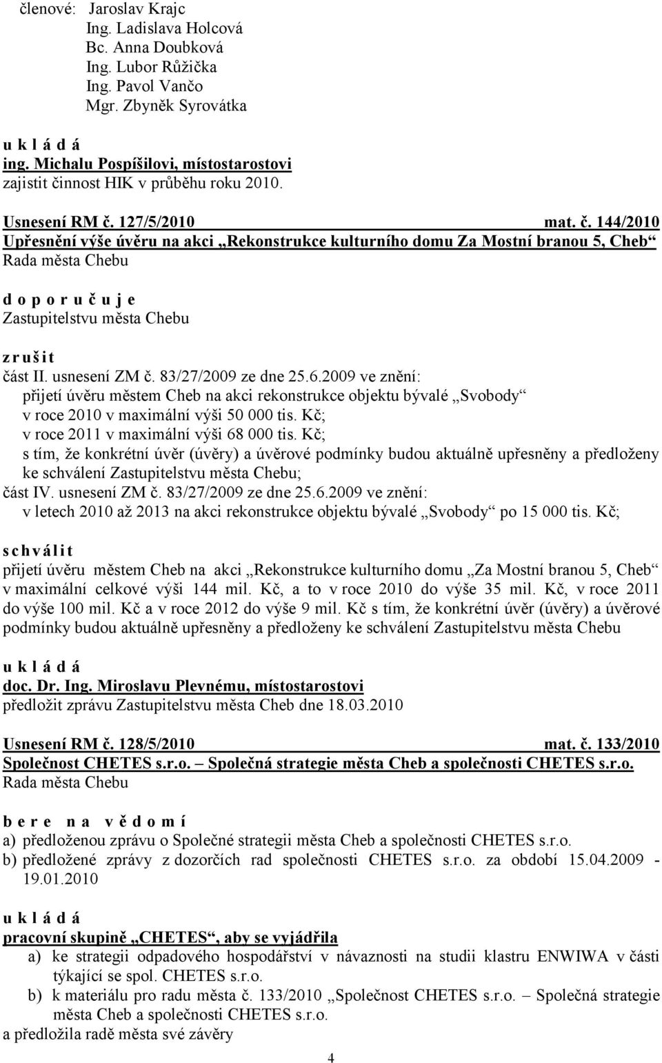 usnesení ZM č. 83/27/2009 ze dne 25.6.2009 ve znění: přijetí úvěru městem Cheb na akci rekonstrukce objektu bývalé Svobody v roce 2010 v maximální výši 50 000 tis.