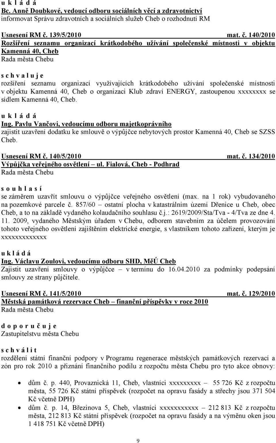 140/2010 Rozšíření seznamu organizací krátkodobého užívání společenské místnosti v objektu Kamenná 40, Cheb rozšíření seznamu organizací využívajících krátkodobého užívání společenské místnosti v