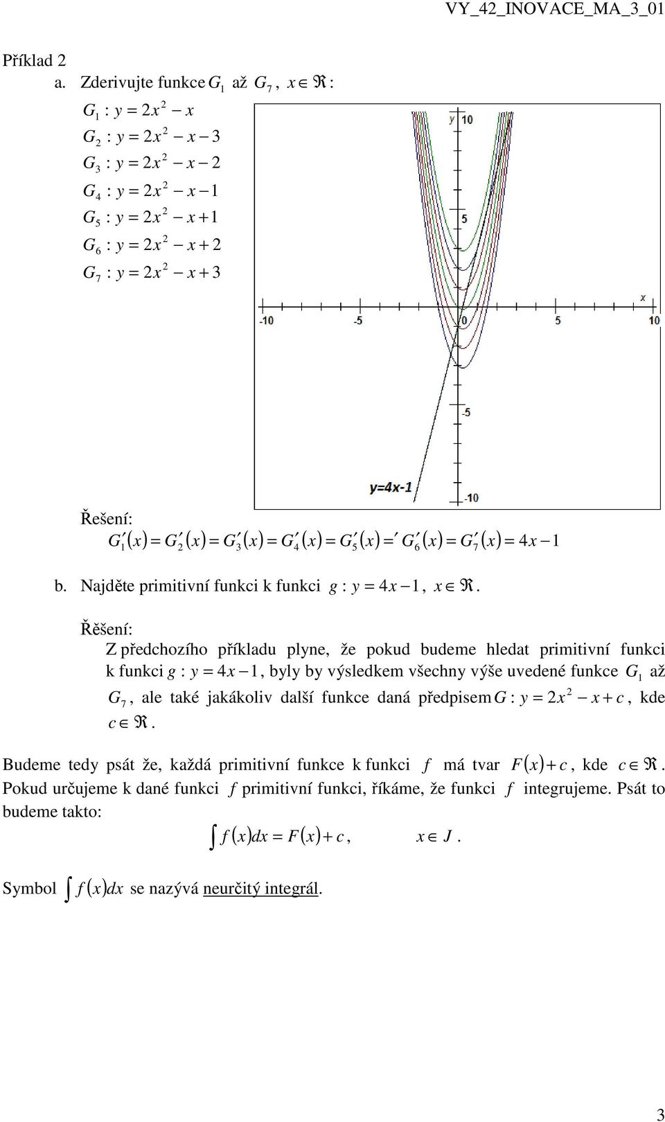 Řěšení: Z předchozího příkladu plyne, že pokud budeme hledat primitivní funkci k funkci g : y, byly by výsledkem všechny výše uvedené funkce G až G, ale také
