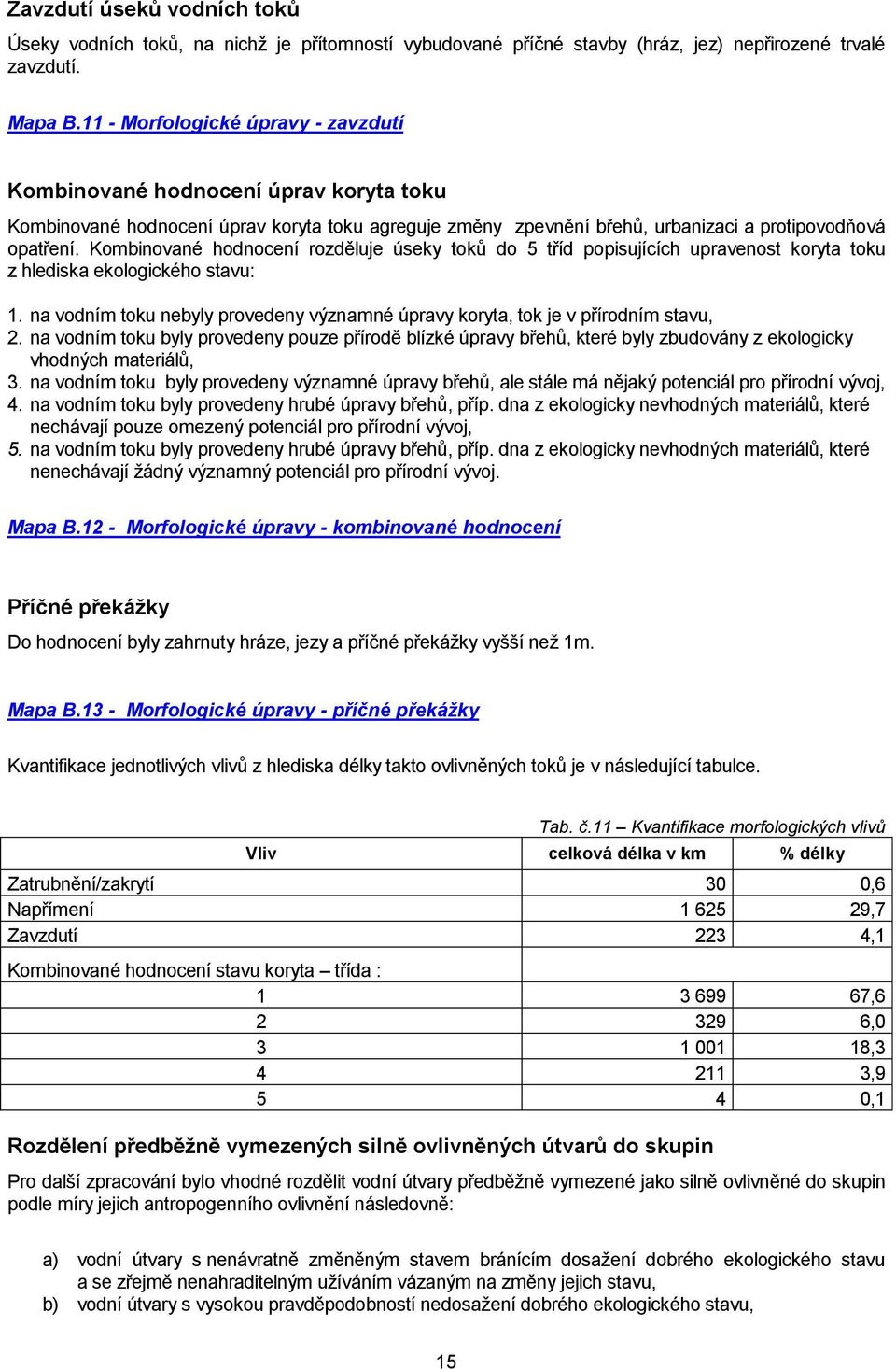 Kombinované hodnocení rozděluje úseky toků do 5 tříd popisujících upravenost koryta toku z hlediska ekologického stavu: 1.