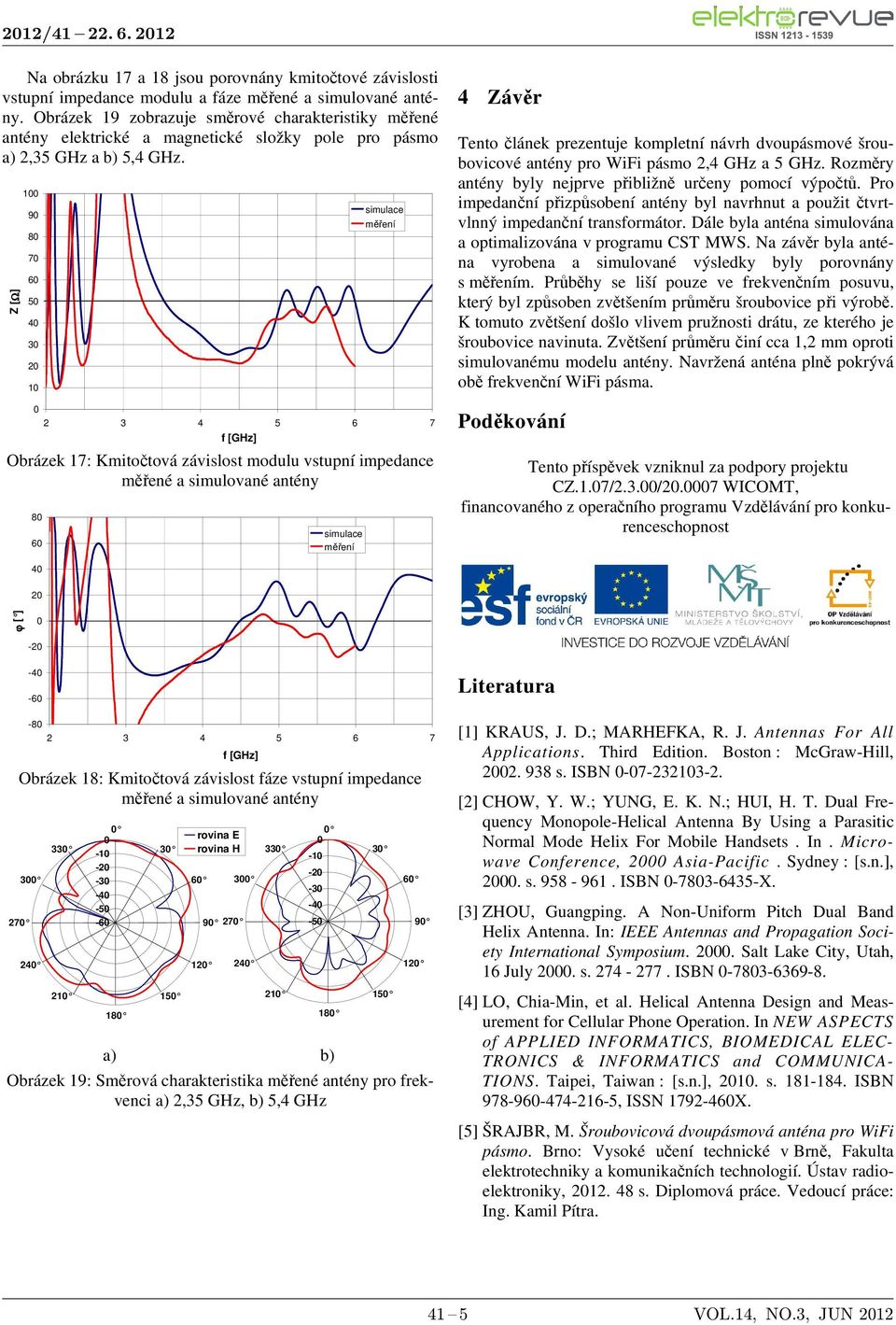 Z [Ω] 1 9 8 7 6 5 4 3 2 1 simulace měření Obrázek 17: Kmitočtová závislost modulu vstupní impedance měřené a simulované antény 8 6 simulace měření 4 Závěr Tento článek prezentuje kompletní návrh