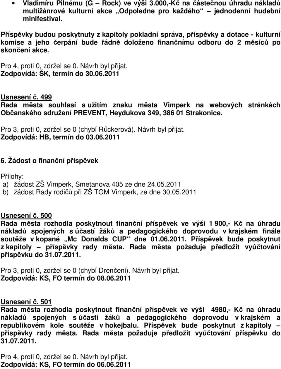 Zodpovídá: ŠK, termín do 30.06.2011 Usnesení č. 499 Rada města souhlasí s užitím znaku města Vimperk na webových stránkách Občanského sdružení PREVENT, Heydukova 349, 386 01 Strakonice.