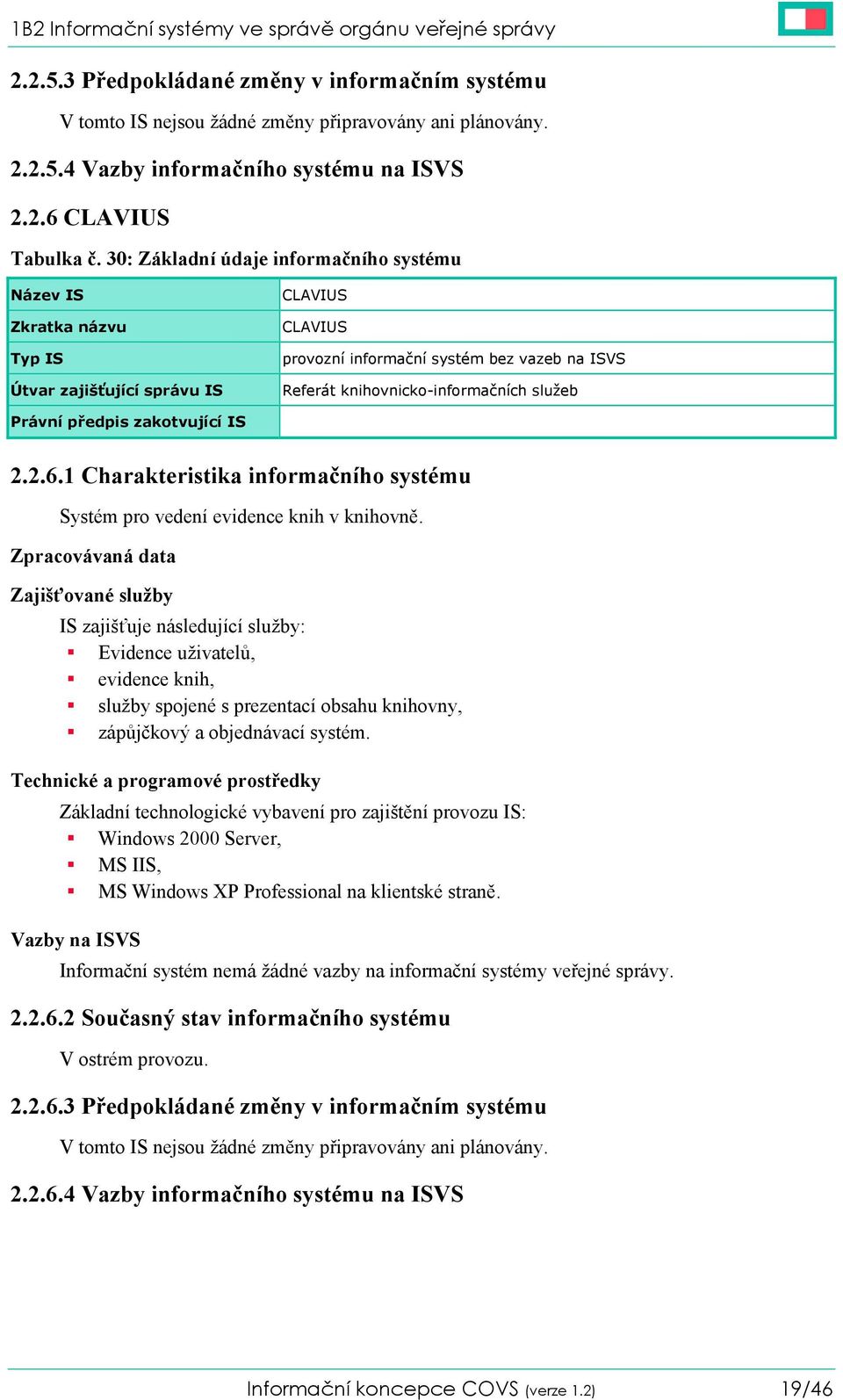 30: Základní údaje informačního systému Název IS Zkratka názvu Typ IS Útvar zajišťující správu IS CLAVIUS CLAVIUS provozní informační systém bez vazeb na ISVS Referát knihovnicko-informačních služeb