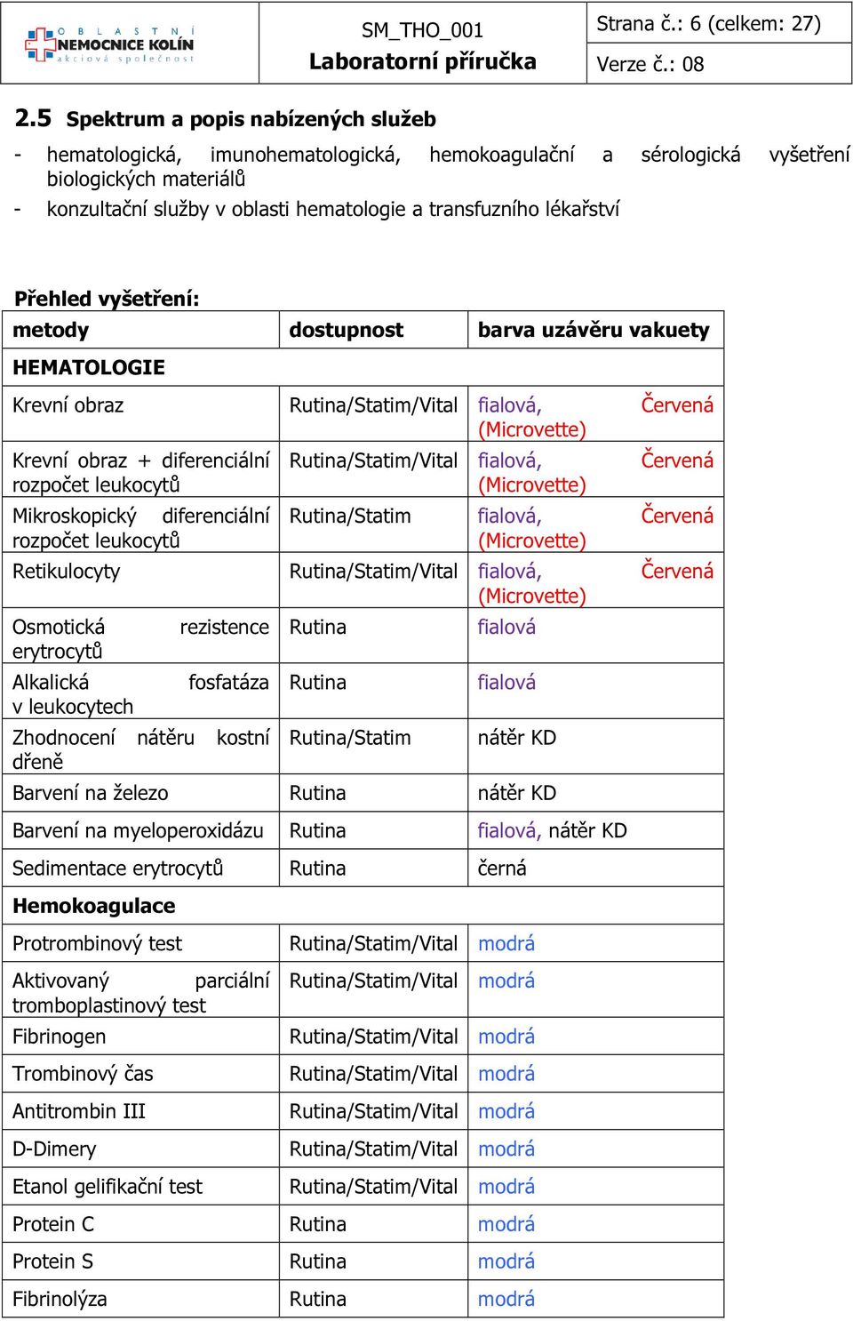 vyšetření: metody dostupnost barva uzávěru vakuety HEMATOLOGIE Krevní obraz Rutina/Statim/Vital fialová, Červená (Microvette) Krevní obraz + diferenciální rozpočet leukocytů Mikroskopický