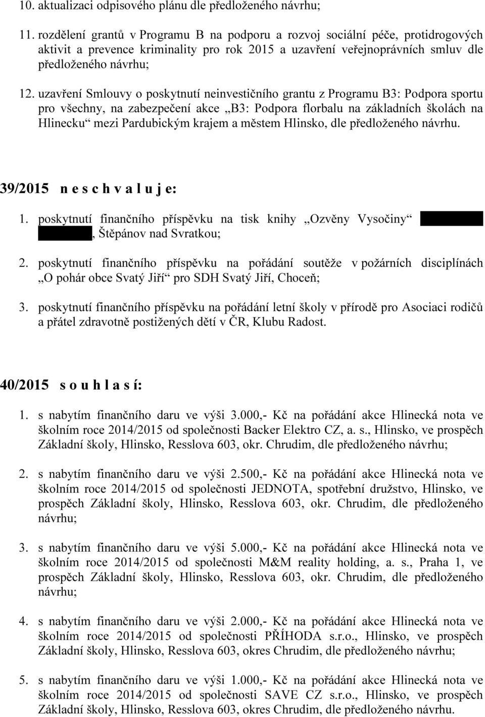 městem Hlinsko, dle předloženého návrhu. 39/2015 n e s c h v a l u j e: 1. poskytnutí finančního příspěvku na tisk knihy Ozvěny Vysočiny Ing. Hynku Jurmanovi, Štěpánov nad Svratkou; 2.