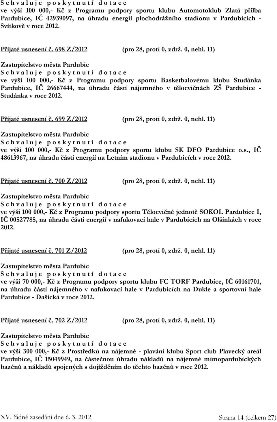 11) p o s k y t n u t í d o t a c e ve výši 100 000,- Kč z Programu podpory sportu Basketbalovému klubu Studánka Pardubice, IČ 26667444, na úhradu části nájemného v tělocvičnách ZŠ Pardubice -